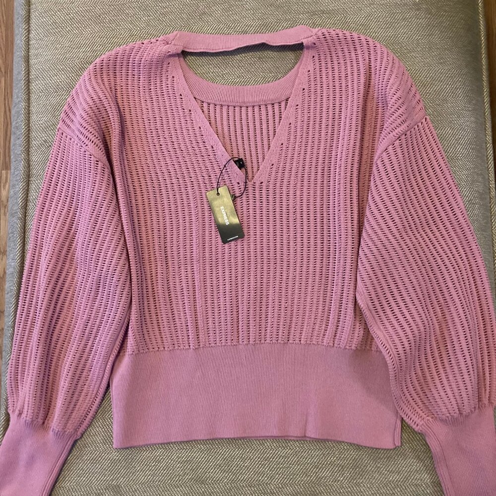 Express Crewneck Pointelle Sweater Back Cut-Out Balloon Sleeve Mauve Pink Medium